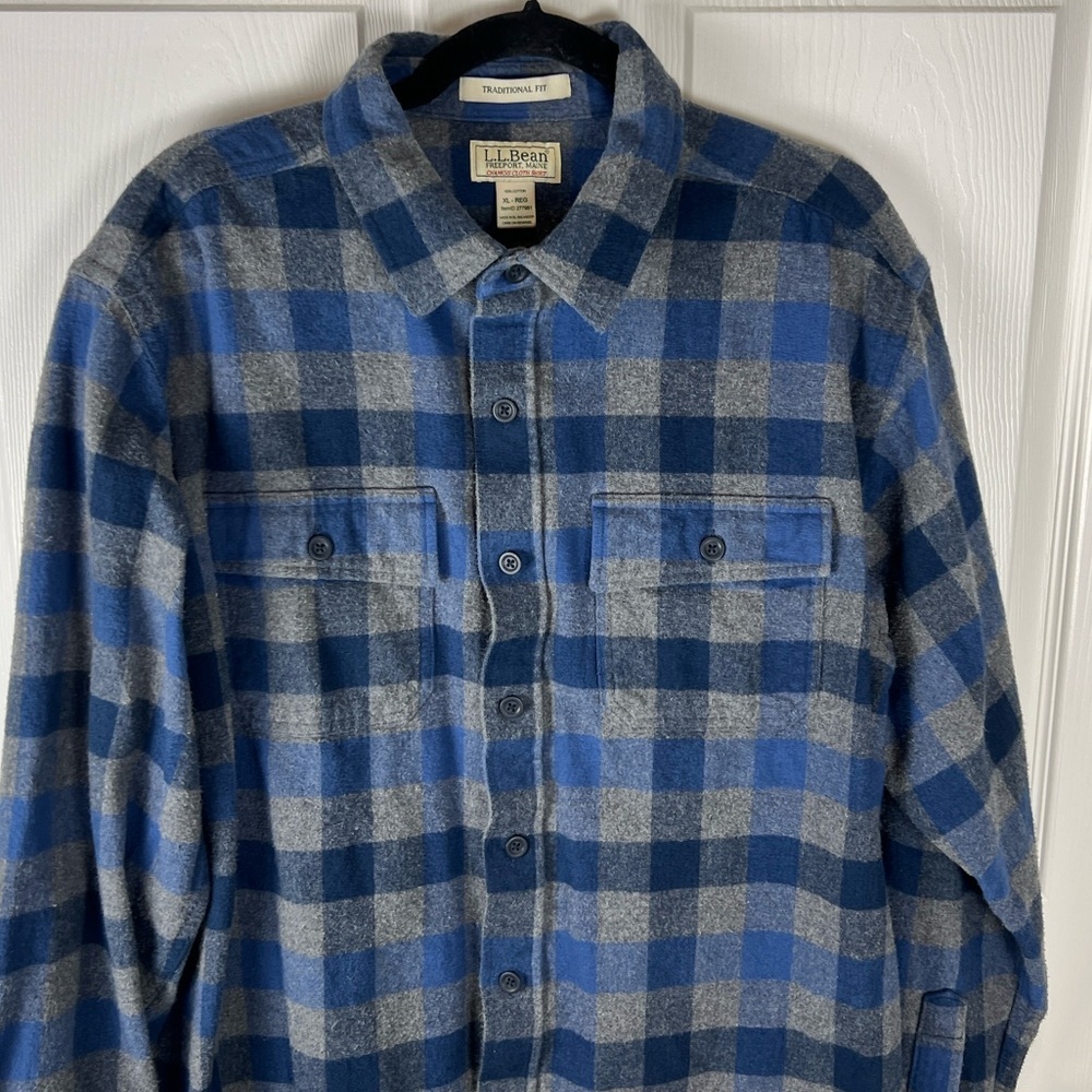 L.L. Bean men’s gray blue plaid cotton thick traditional fit flannel shirt XL - Picture 3 of 6